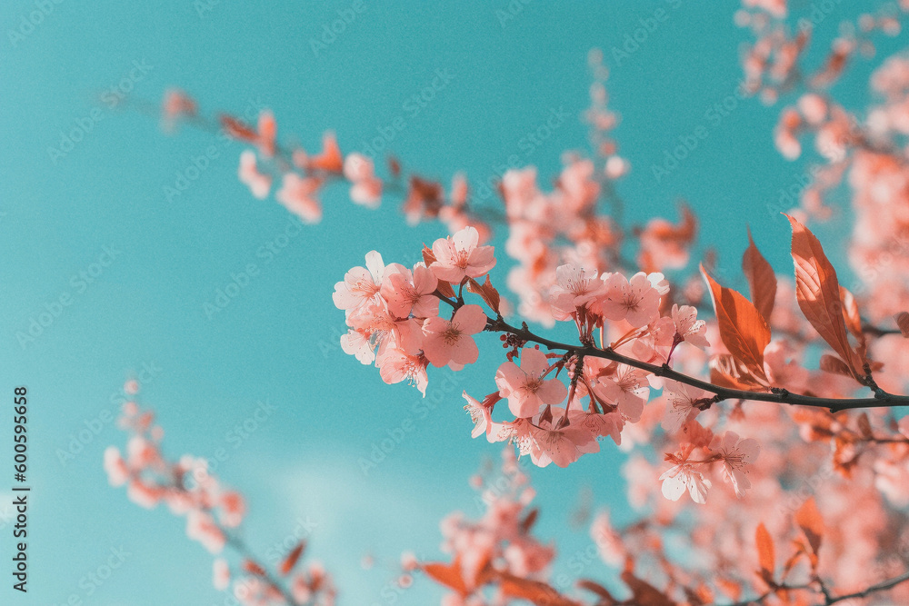 Pink cherry blossoms on clear blue sky, ai-generated artwork