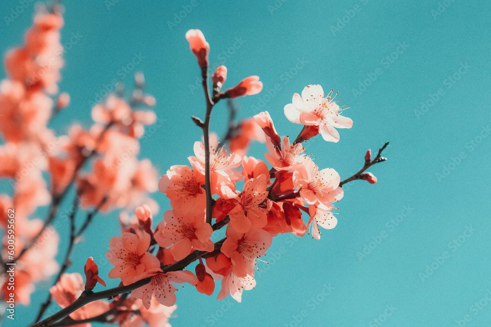 Pink cherry blossoms on clear blue sky, ai-generated artwork