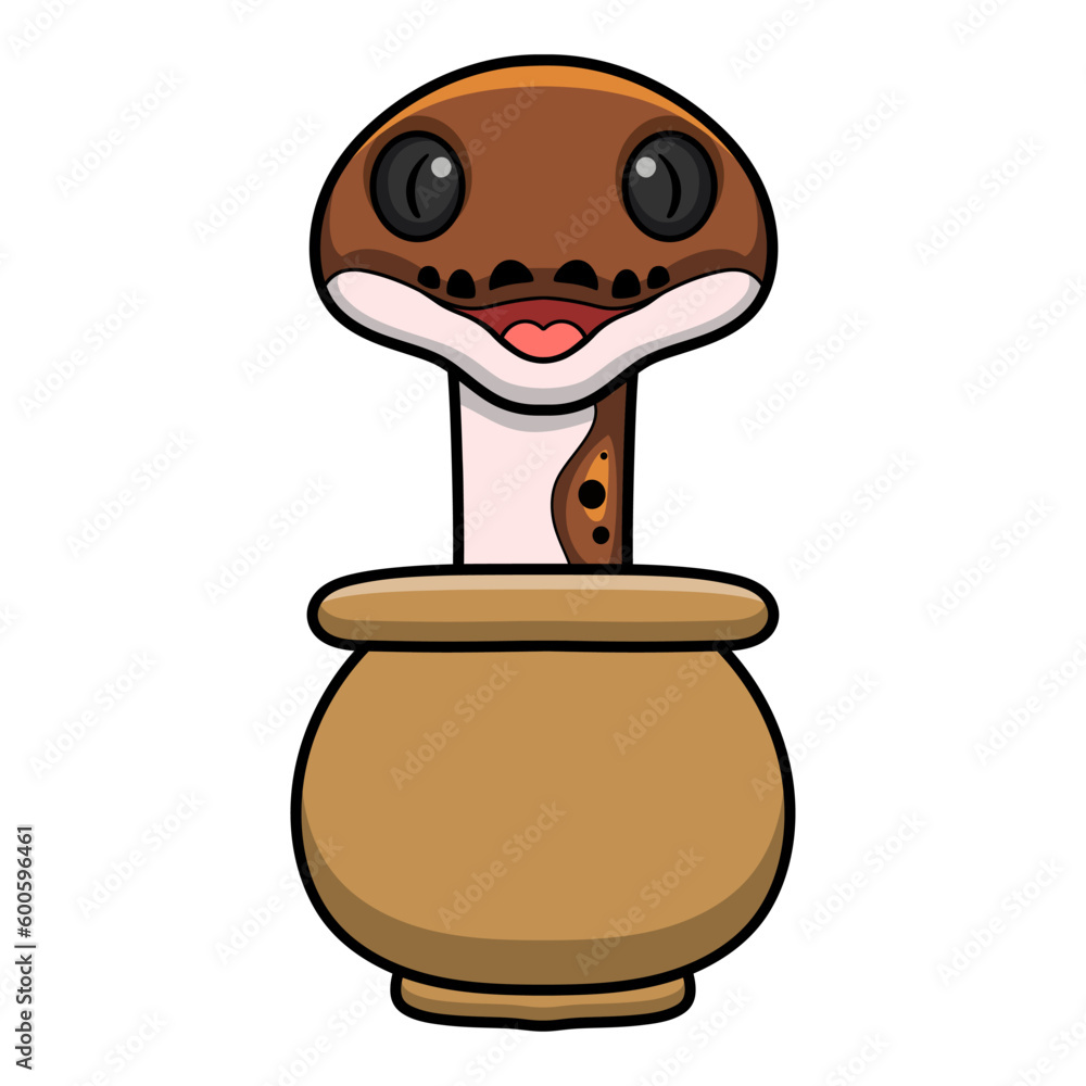 Cute pied reticulated python cartoon inside the pot