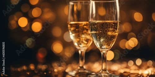 Glasses of champagne with golden glitters and lights, generative ai