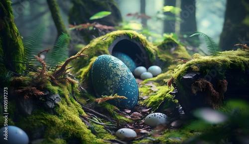 Fantasy background illustration of a magical fantasy egg hunt in the springtime. photo