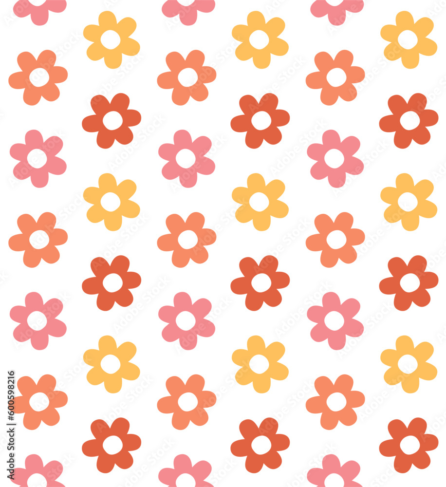Vector seamless pattern of colored groovy retro flower isolated on white background