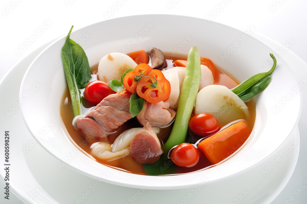 Sinigang, sour soup made with pork, tamarind, tomatoes and onions