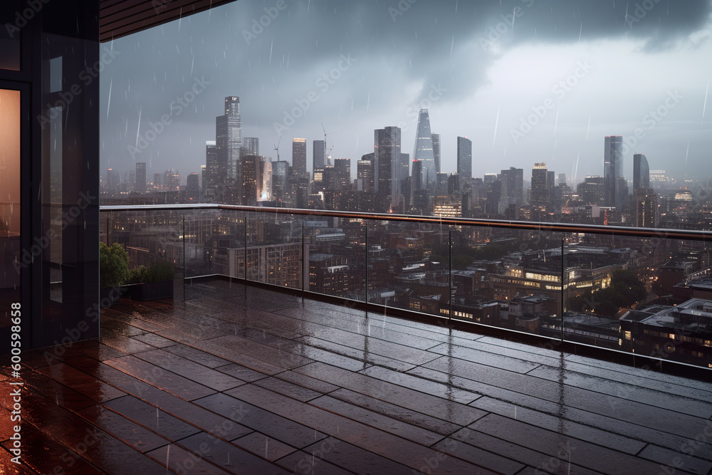 A view of a city from a balcony in the rain. Generative AI.