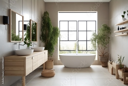Windowed bathroom in luxury house  generative ai