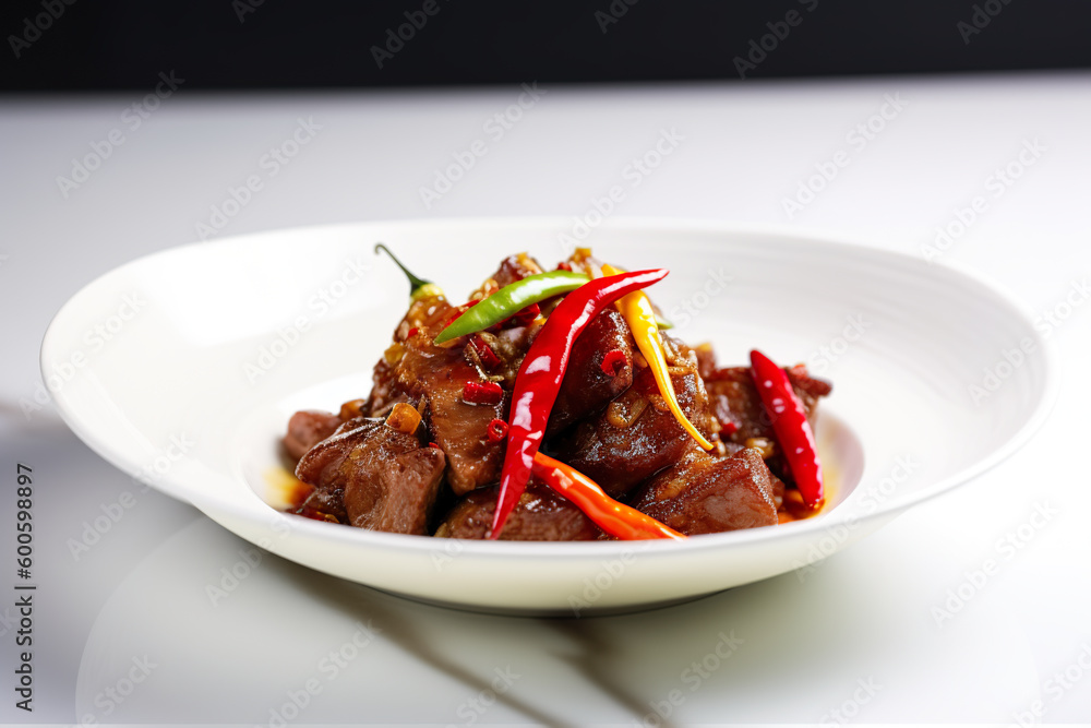 Binagoongan - a pork dish cooked with shrimp paste and chili peppers, generative AI Filipino dish Binagoongan - a pork dish cooked with shrimp paste and chili peppers, generative AI Filipino dish