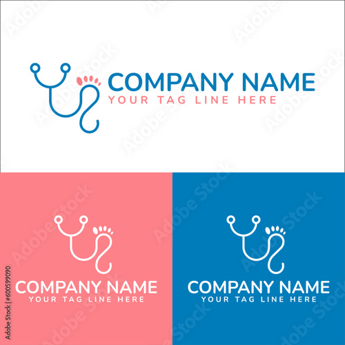 Logotipo para medico podologo estetoscopio con forma de pie, color azul y durazno