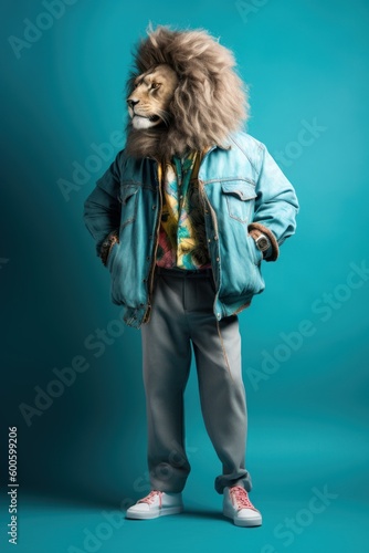 Fashion photo of lion wearing clothes. Generative AI. 