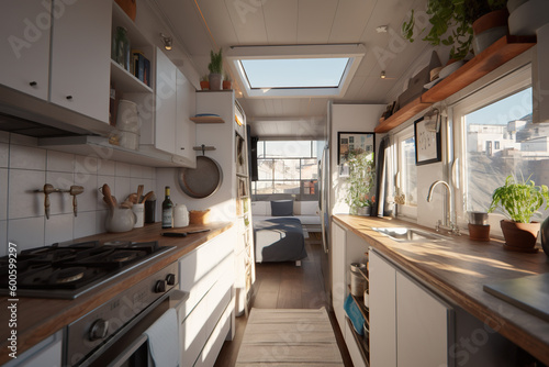 A kitchen with a stove top oven next to a window. Tiny house, wooden cabin interior, generative AI.