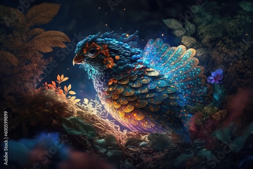 fairytale bird creature in the forest. distinct generative AI image.
