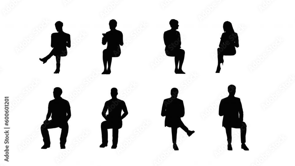 Black Body Shape Graphic,Front View People Sitting on White Background Alpha channel,4K Isolated 3d Rendering Group of People for Visualization.