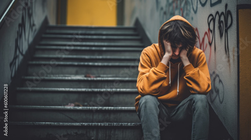 Depressed Young man, Teenager, Boy, Suffering From Depression, Youth Mental Health Crisis, PTSD, Secondary High School Student Depression, Youth Homelessness, Generative AI