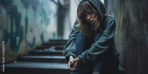 Depressed Young Girl, Teenager, Suffering From Depression, Youth Mental Health Crisis, PTSD, Secondary High School Student Depression, Youth Homelessness Young Homeless Girl, Generative AI