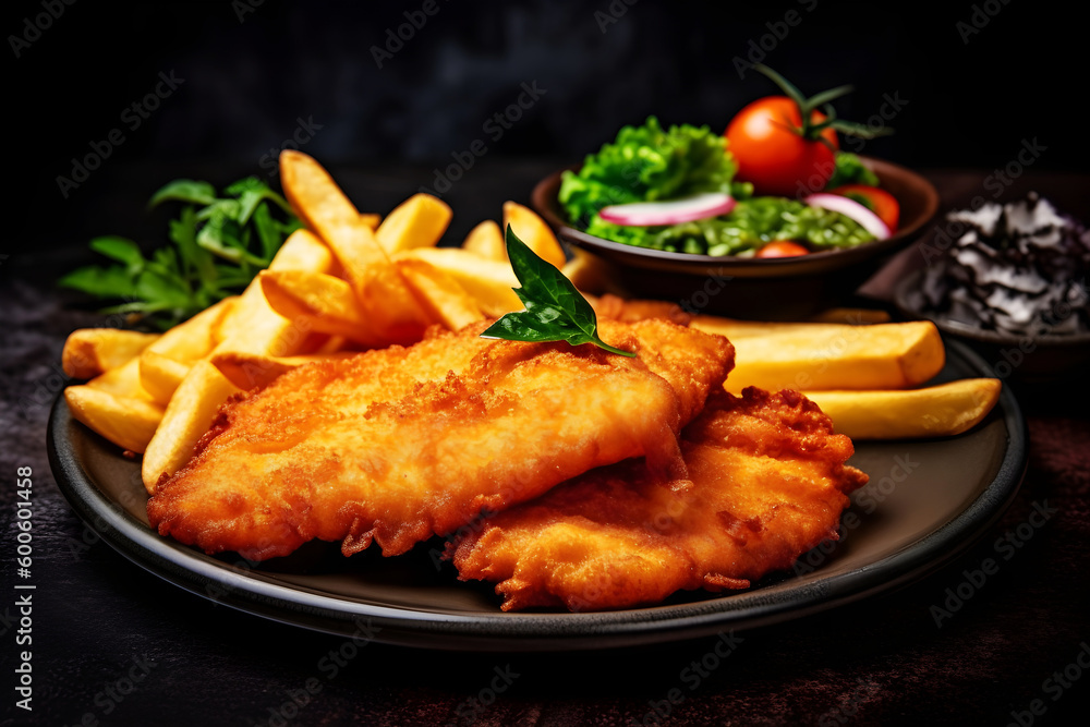 Delicious English traditional meal, Fish and Chips with tartar sauce with great dark food photography presentation. Created with generative AI technology Delicious English traditional meal, Fish and Chips with tartar sauce with great dark food photography presentation. Created with generative AI technology