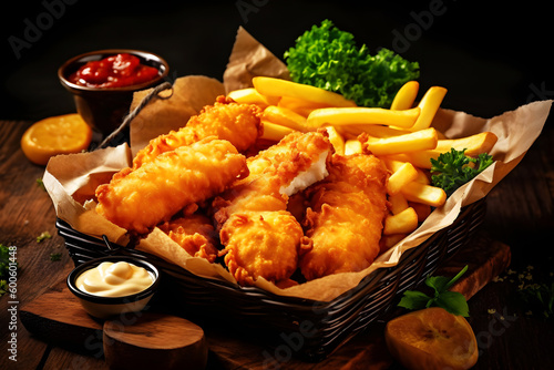 Delicious English traditional meal, Fish and Chips with tartar sauce with great dark food photography presentation. Created with generative AI technology