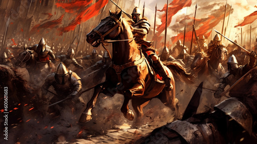 An epic battle scene with a medieval army charging into battle, horses galloping, flags waving, and weapons clashing. generative ai.