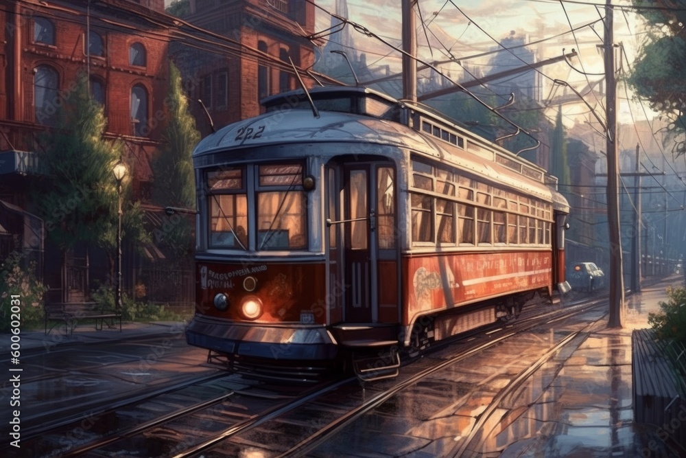 お洒落な市内電車が走る街並み：AI作品
