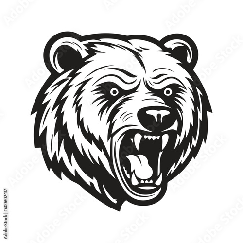 grizzly bear mascot, vintage logo line art concept black and white color, hand drawn illustration