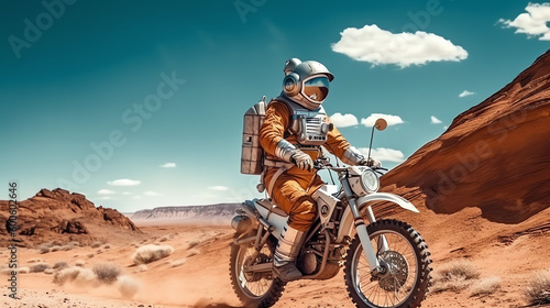 An astronaut on a motorcycle