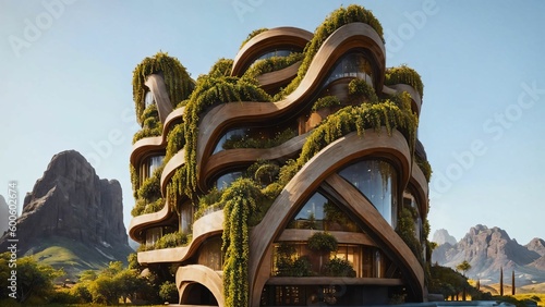 The Hive - Sci-fi futuristic brutalist architecture style building structure with cylindrical pattern and lush vegetation fa  ade - Generative AI Illustration