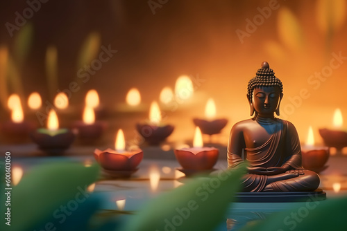 Fototapeta Meditation Buddha statue with candles and lotus