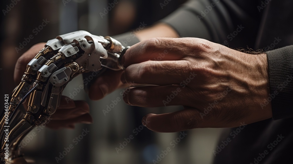 An illustration of an elderly human holding a robot hand