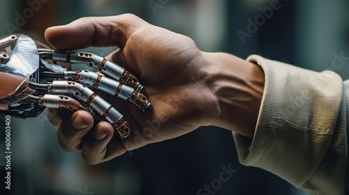 A human holding a robot hand