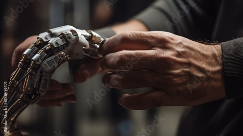 An illustration of an elderly human holding a robot hand
