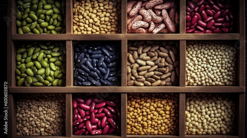 Different types of legumes beans. In wooden box.Varieties of beans. Top view. Generative AI. photo