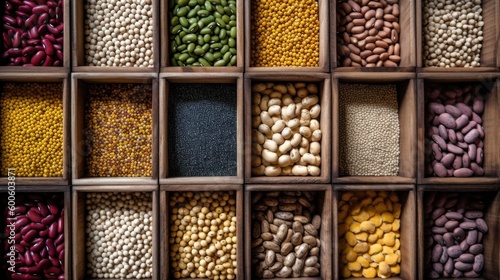 Different types of legumes beans. In wooden box.Varieties of beans. Top view. Generative AI.