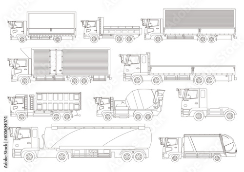 いろんな種類のトラックの線画イラストセット