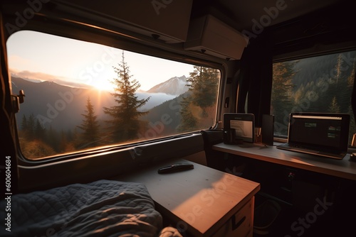 workplace with a computer in a minivan, remote work with a view of nature landscapes, vanlife
