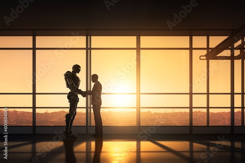 silhouette of man and robot in the office, handshake at sunset