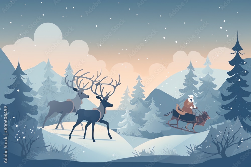 landscape with deer santa claus in winter