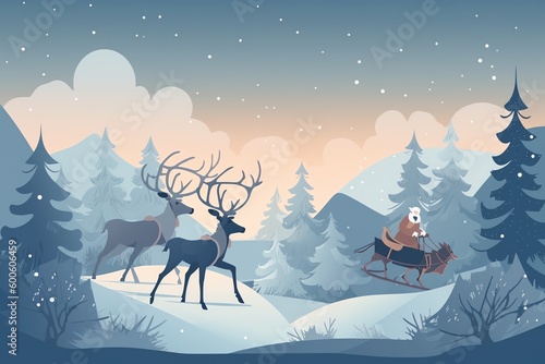 landscape with deer santa claus in winter