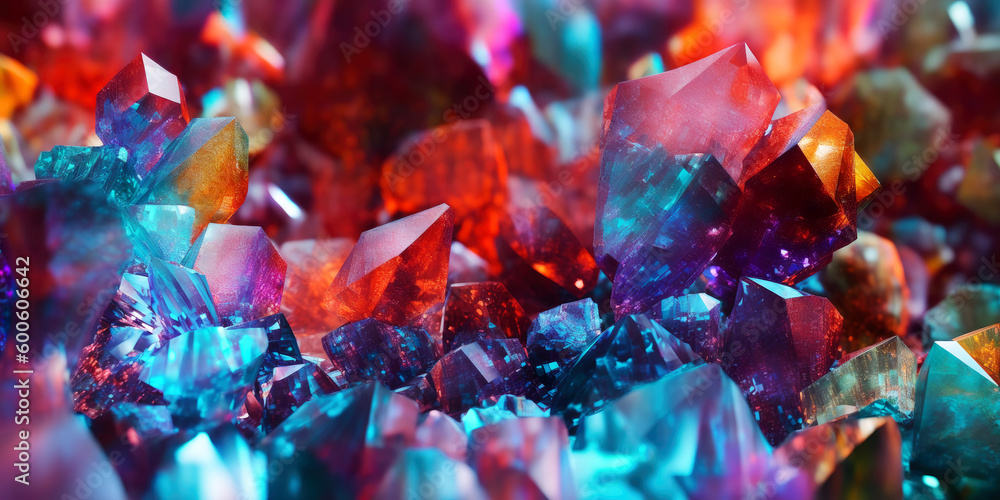 A close-up of a cluster of glittering, multicolored crystals, each reflecting a spectrum of hues in the light. Generative AI A close-up of a cluster of glittering, multicolored crystals, each reflecting a spectrum of hues in the light. Generative AI