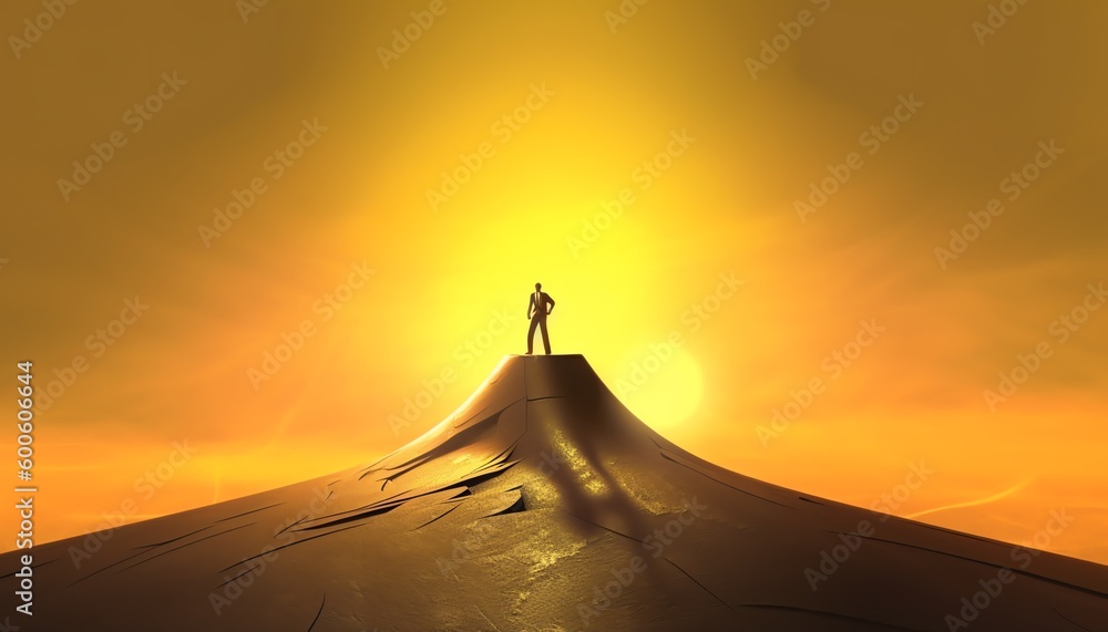 man on top of golden mountain, success