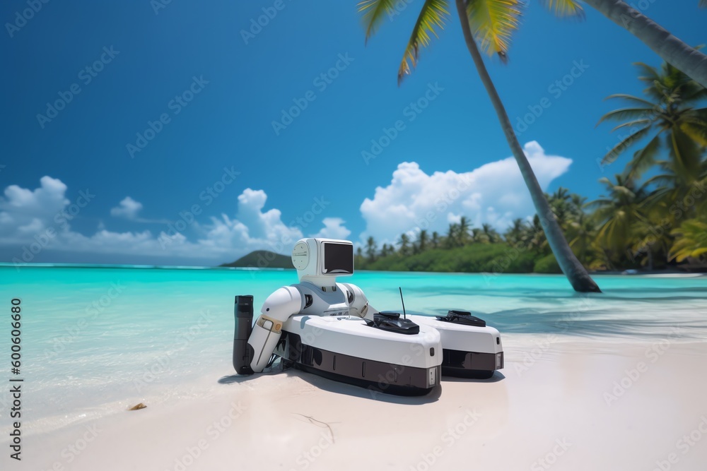 future holidays, the robot is resting and sunbathing on the beach of the island, Generative Ai art