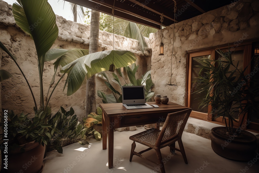 Fototapeta premium Working space in jungle home, Modern laptop of a remote digital nomad freelancer on a wooden table in nature with a green tropical background with palm trees, AI generative art