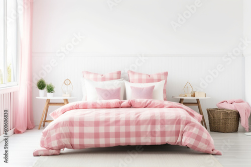 Light  cute  and cozy home bedroom interior with unmade bed  pink plaid  and cushions on empty white wall background   Generative AI