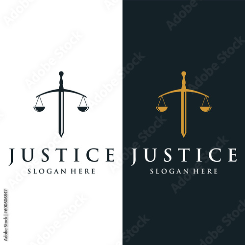 Law firm and attorney Logo.Justice template with pillar, sword and scales concept.Vector illustration.