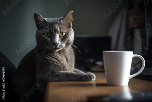 cat with a cup of coffee