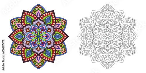 Decorative hand-drawn floral mehndi design style coloring book page illustration 