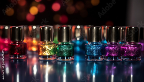 A luxurious collection of multi colored nail polish bottles in a row generated by AI