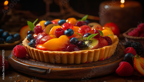 A rustic homemade sweet pie with fresh berry fruit slices generated by AI