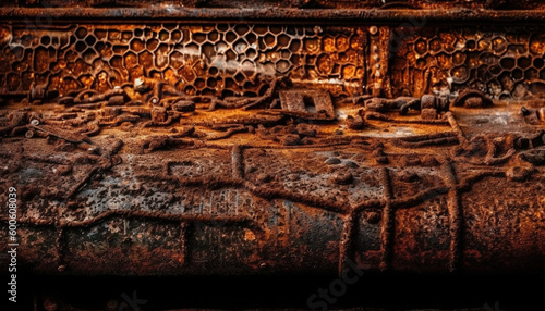 Rusty metal sculpture decorates ancient ruined wall in East Asia generated by AI