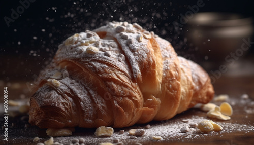 French croissant, baked to perfection, a sweet indulgence on wood generated by AI