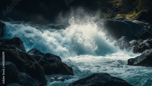 The rapid mountain stream flows, splashing against the rocky cliff generated by AI
