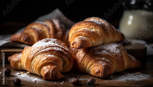 Freshly baked French pastries on rustic wooden table, indulgent breakfast generated by AI