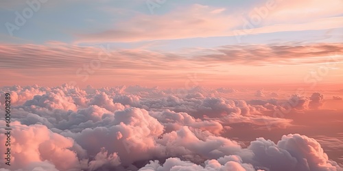 Beautiful pastel cloudscape. Fluffy clouds in the sky. Horizon from a plane. Weather and overcast dawn. 